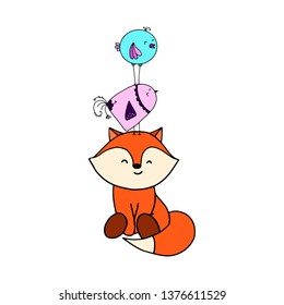 Fox and bird vector hand drawn illustration. Little birds are sitting on the fox's head. Cute cartoon character. For children's book clipart, cards, sticker or poster.
