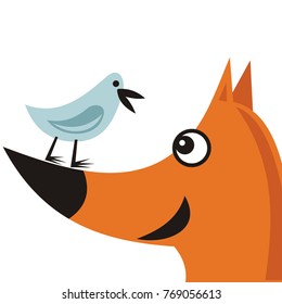 Fox and bird. Vector illustration.