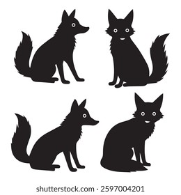 Fox black silhouette flat vector illustration icon set