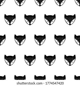 Fox. Black and white seamless pattern. Hand drawn. Cute foxes. Vector