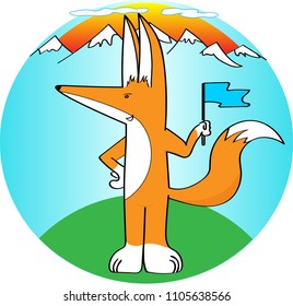 Fox with blue flag, against the backdrop of mountains