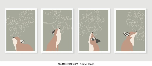 Fox Botanical wall art vector set. Earth tone boho foliage line art drawing with  abstract shape.  Abstract Plant Art design for print, cover, wallpaper.