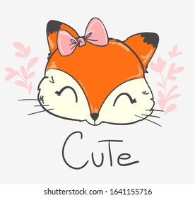 Fox with bow. Vector illustration. Sketch print design beautiful forest animal for baby t-shirt, background, textile. For newborns design elements. Letters- Cute