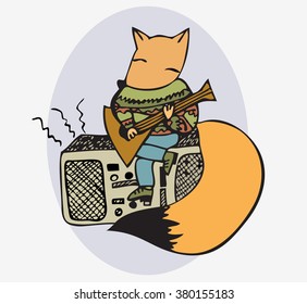 Fox boy with a guitar dressed up in hip hop style, hand drawn graphic, hipster animal.