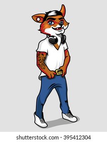 Fox boy hipster with tattoo vector portrait illustration. Cartoon fox hipster, fox teenager boy. Vector fox for gift cards. Fox boy hipster. Fox like boy