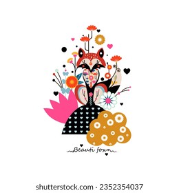 Fox bright print for fabric. Vector illustration.
