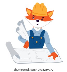 Fox the builder in a hard hat with blueprints. A character for a construction company. Fox engineer character. Illustration in hand drawn style