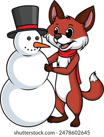 Fox building snowman vector illustration