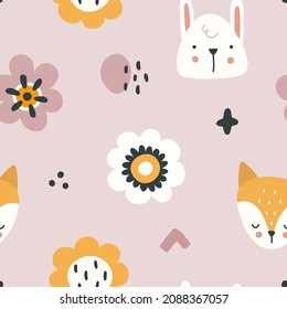 Fox, bunny head and abstract flower, baby pattern. Seamless vector childish scandinavian print. 