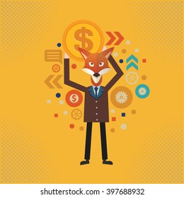 Fox businessman concept design on yellow background,vector