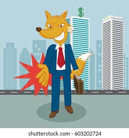 Fox businessman present handshake, vector illustration cartoon