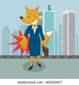 Fox businesswoman present handshake, vector illustration cartoon