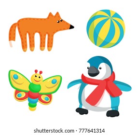 Fox and butterfly with smile, ball with stripes print and penguin wearing red scarf, toy collection of Santa Claus factory vector illustration
