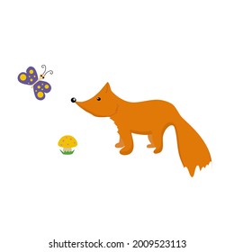 ein Fuchs mit einem Schmetterling. Wildtiere