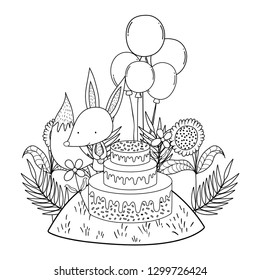 fox with cake and balloons helium in the landscape
