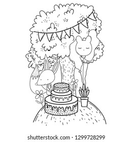 fox with cake and balloons helium in the landscape
