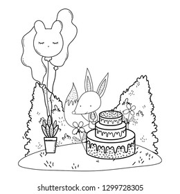fox with cake and balloons helium in the landscape