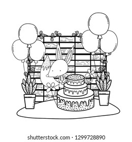 fox with cake and balloons helium in the landscape