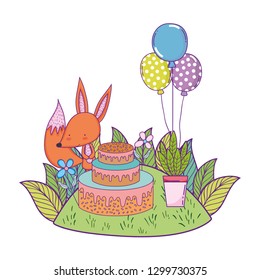 fox with cake and balloons helium in the landscape