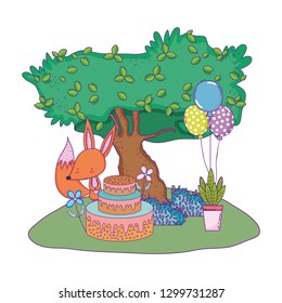 fox with cake and balloons helium in the landscape
