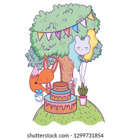 fox with cake and balloons helium in the landscape