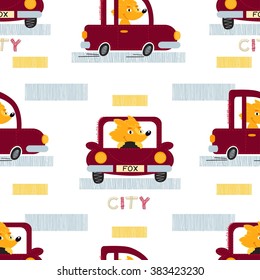 Fox with car seamless vector  pattern. City design vector illustration