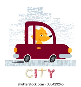 Fox with car t-shirt design vector illustration. City design vector illustration 
