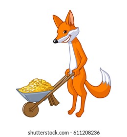 Fox carrying a wheelbarrow with gold. Vector illustration.