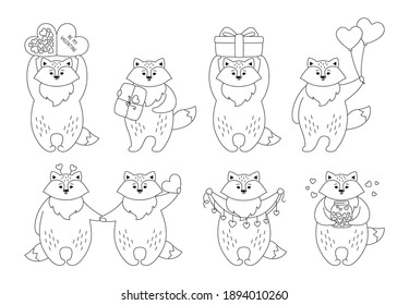 Fox cartoon black linear set for greeting card Valentines Day. Drawn doodle funny animal character with hearts, balloon gift. Romantic banner cute forest white fox. Print love vector illustration