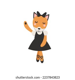 Fox cartoon character as ballerina in black tutu skirt. Cute comic animal in dress dancing vector illustration. Ballet, fashion concept for kids or little girls