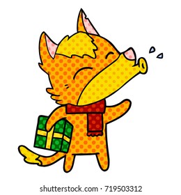 fox cartoon character with present