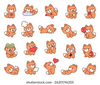 Fox cartoon characters with emotions and actions for cute lifestyle educational seasonal food holiday illustrations in kawaii outline vector style