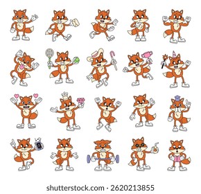 Fox cartoon characters with emotions and actions for retro educational festive romantic lifestyle illustrations in groovy outline vintage cartoon style
