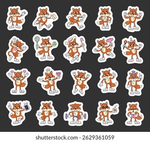 Fox cartoon characters with emotions and actions for retro educational festive romantic lifestyle illustrations in groovy outline vintage cartoon style