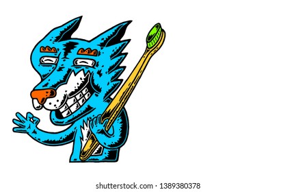 Fox. Cartoon Fox with Copyspace. Fox and Bamboo Tothbrush. Zero Waste and Happy Wild Life. Blue Fox with Copyspace on white background isolated. Stock Vector Illustration. Cartoon style.