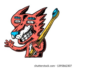 Fox. Cartoon Fox with Copyspace. Fox and Bamboo Tothbrush. Zero Waste and Happy Wild Life. Living Coral Fox with Copyspace on white background isolated. Stock Vector Illustration. Cartoon style.