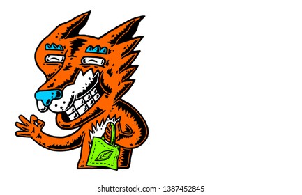 Fox. Cartoon Fox with Copyspace. Fox and Paper Bag. Eco Bag. Zero Waste and Happy Wild Life.  