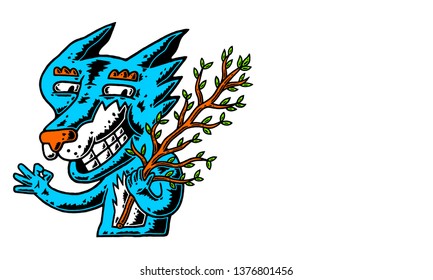 Fox. Cartoon Fox with Copyspace. Fox and Tree Branch. Zero Waste and Happy Wild Life. Blue Fox with Copyspace on white background isolated. Stock Vector Illustration. Cartoon style.