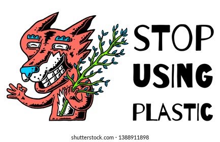 Fox. Cartoon Fox with Copyspace. Fox and Tree Branch. Zero Waste. Happy Wild Life. Stop Using Plastic. Fox with Copyspace on white background isolated. Stock Vector Illustration. Cartoon style.