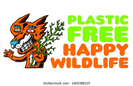 Fox. Cartoon Fox with Copyspace. Fox and Tree Branch. Zero Waste. Happy Wild Life. Stop Using Plastic. Orange Fox with Copyspace on white background isolated. Stock Vector Illustration. Cartoon style.