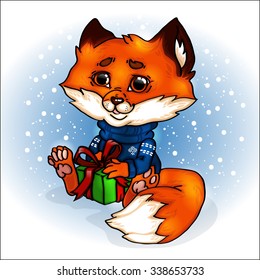 Fox. Cartoon cute. New Year. Christmas. Holiday gift. Snow. background.