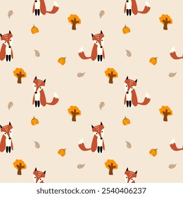 Fox cartoon so cute. On tree pumpkin leaf background. Pattern seamless vector illustration. 