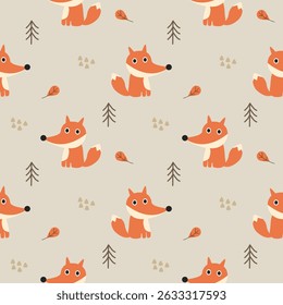 Fox cartoon so cute. On tree leaf background. Pattern seamless vector illustration. 