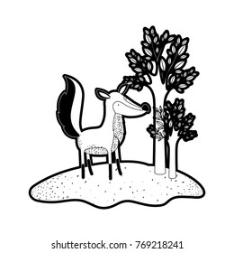 fox cartoon in forest next to the trees in black silhouette with thick contour