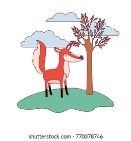 fox cartoon in forest next to the trees in colorful silhouette with thin contour