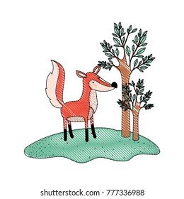 fox cartoon in forest next to the trees in colored crayon silhouette