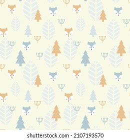 Fox cartoon and forrest seamless pattern. Autumn and winter pattern design with foxes and trees.