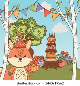 Fox cartoon with happy birthday icon design