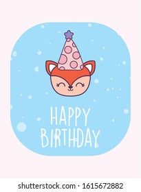 fox cartoon with hat design, Happy birthday card celebration decoration surprise party anniversay and invitation theme Vector illustration