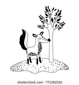 fox cartoon next to the tree in black dotted silhouette